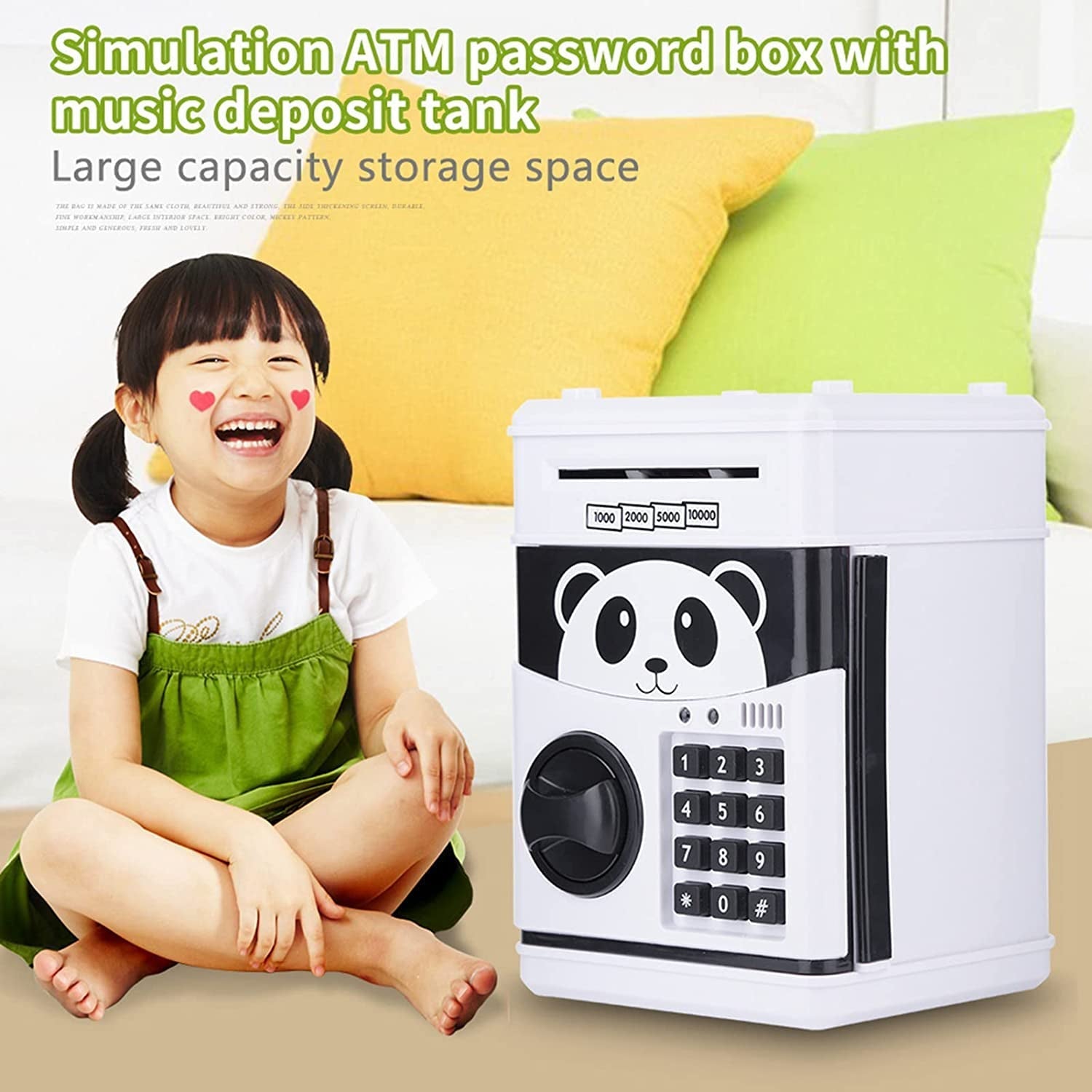 ForKumi kids ATM piggy bank with password lock and music deposit tank next to smiling child