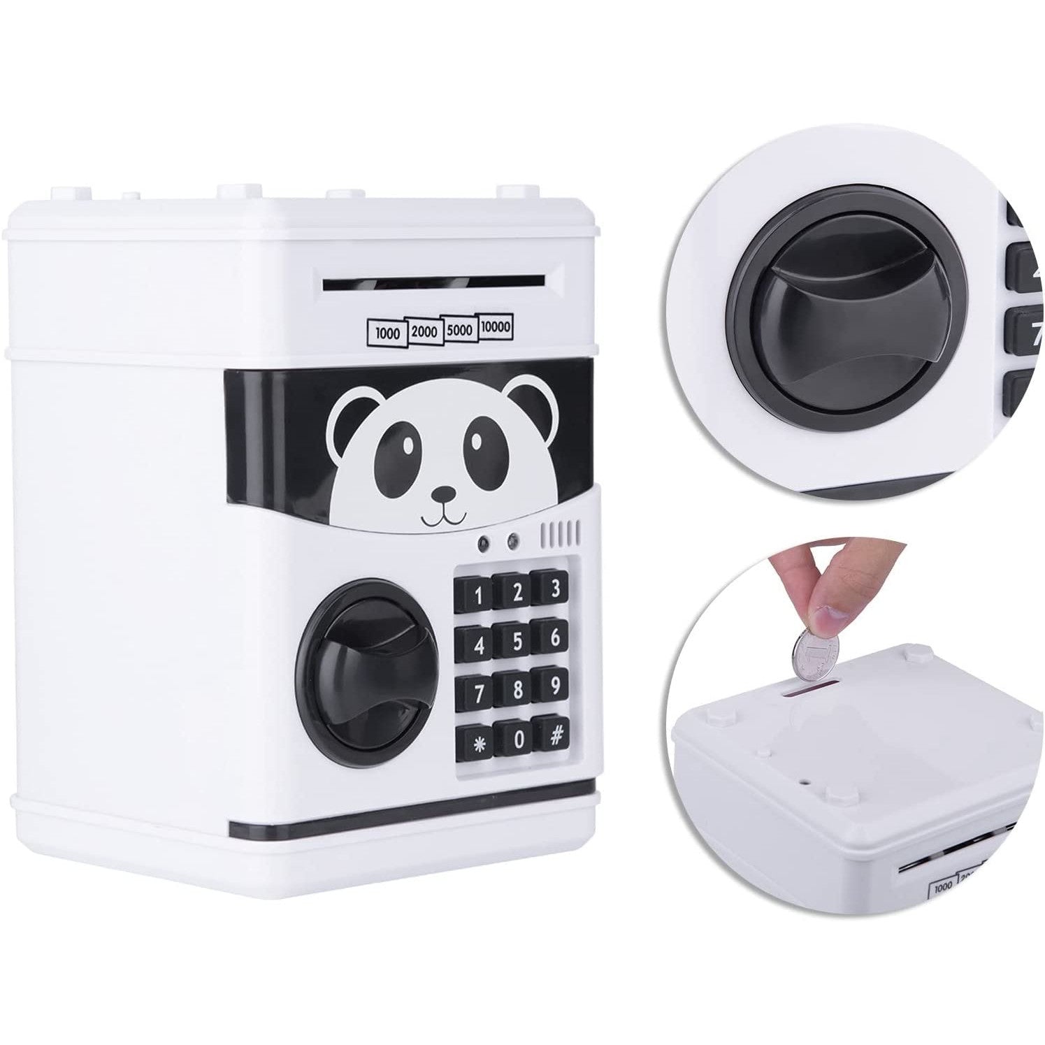 ForKumi kids ATM piggy bank in white with panda design keypad and coin slot for saving money