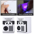 ForKumi kids ATM piggy bank in white with panda design featuring UV switch to check counterfeit money