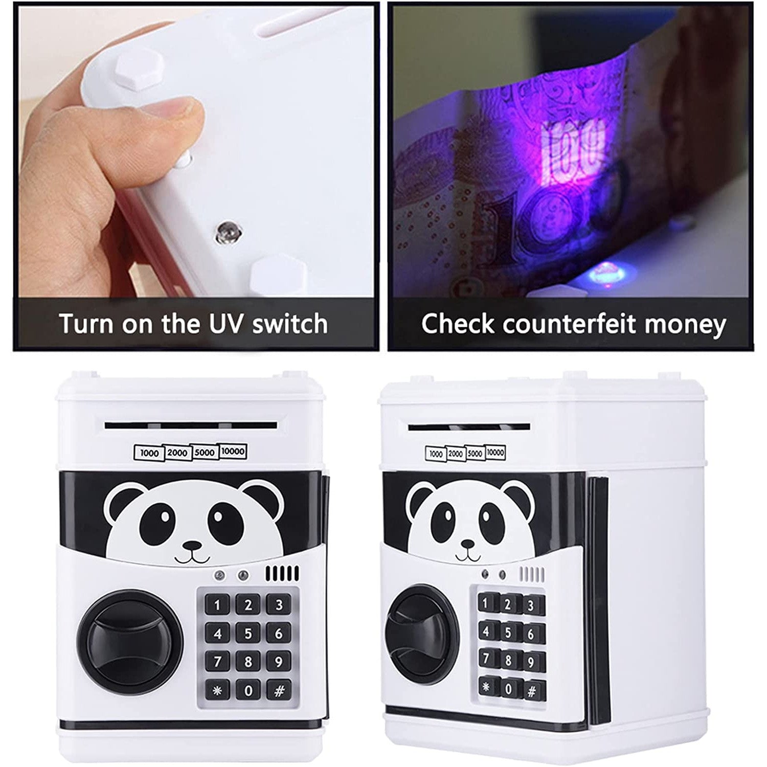 ForKumi kids ATM piggy bank in white with panda design featuring UV switch to check counterfeit money