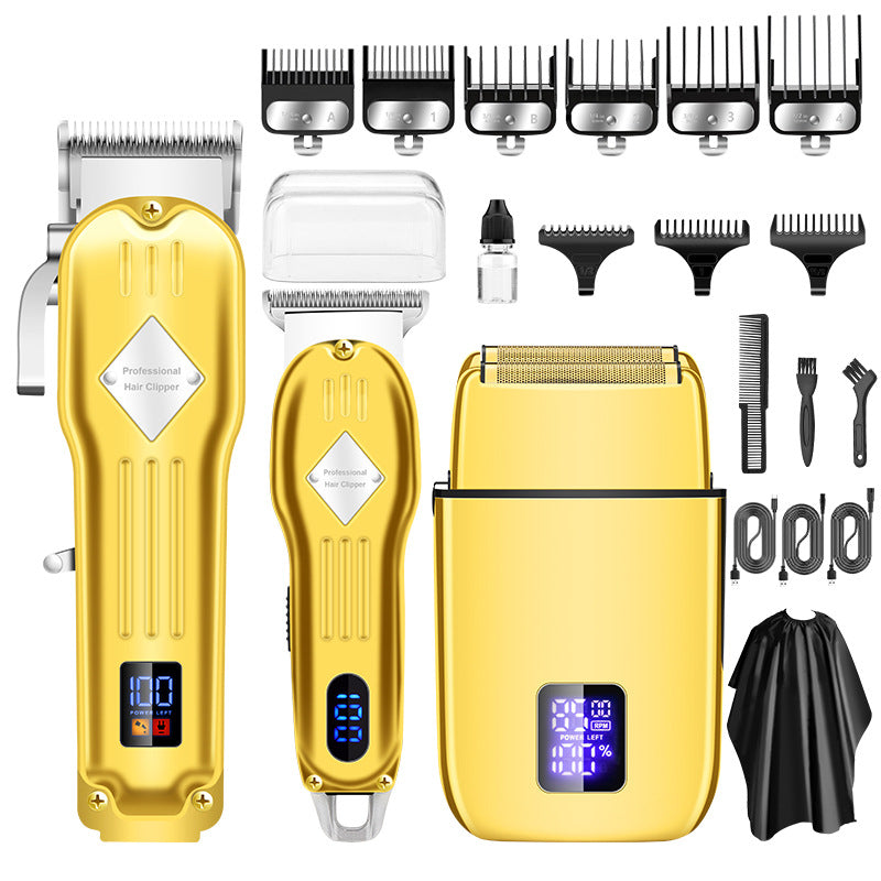ForKumi gold LCD hair clipper for men set with multiple guards trimmers and grooming accessories