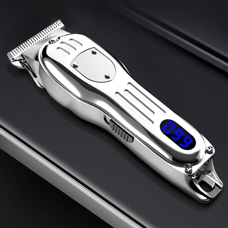 ForKumi sleek silver LCD hair clipper for men with digital display on black background