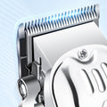 Close-up of silver LCD hair clipper for men blade and metal detailing from ForKumi