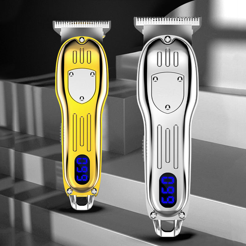 ForKumi LCD hair clipper for men in gold and silver with digital display and metal blades