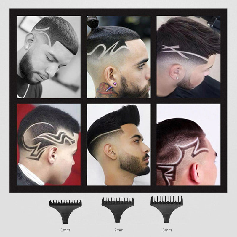 ForKumi LCD hair clipper for men showing creative shaved designs with three different guard sizes