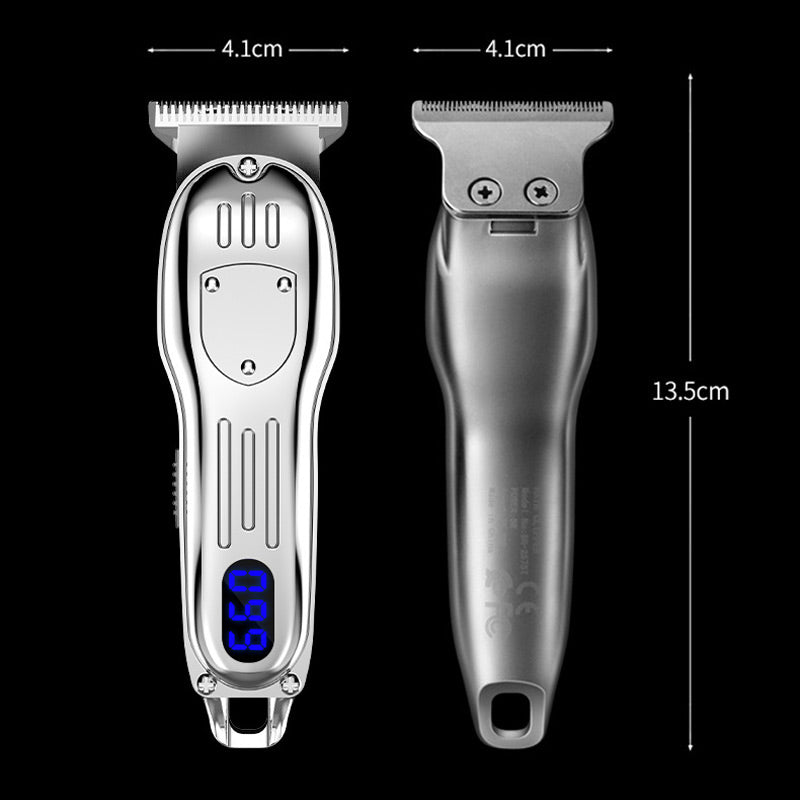 ForKumi LCD hair clipper for men showing front and back views with digital display and measurements