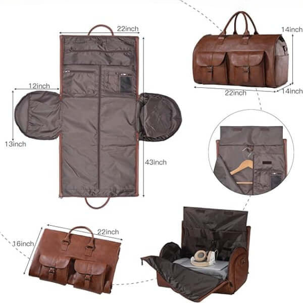 ForKumi 40L men's duffle bag in brown leather with multiple compartments and fold-out design