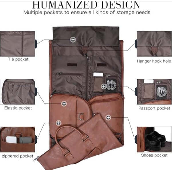 ForKumi 40L men's duffle bag with multiple storage pockets including tie, elastic, passport, shoes, and zippered pockets