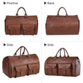 40L men's duffle bag by ForKumi in brown leather shown from front back and side views