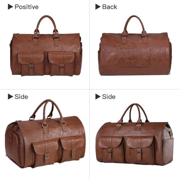 40L men's duffle bag by ForKumi in brown leather shown from front back and side views