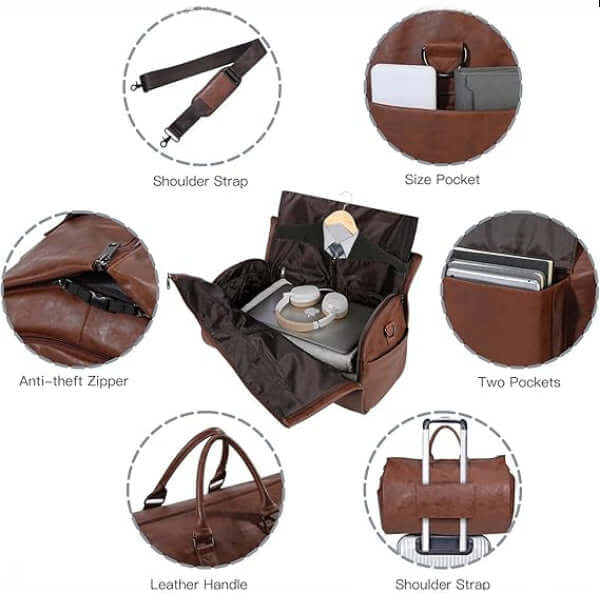 ForKumi 40L men's duffle bag with leather handle, shoulder strap, anti-theft zipper, and multiple pockets for travel