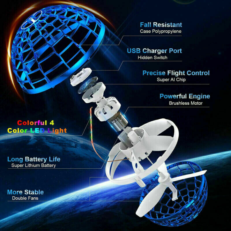 ForKumi LED flying disc toy with colorful LED lights, USB charger port, and precise flight control