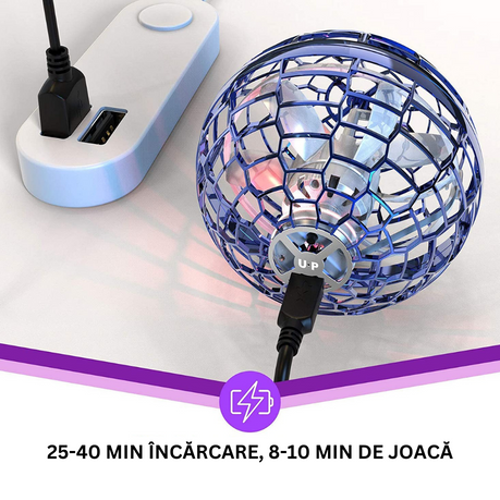 ForKumi LED flying disc toy in blue cage charging with USB cable on white surface