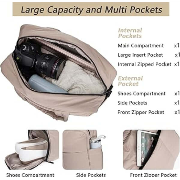 ForKumi lightweight gym duffle bag 40L in beige with large capacity and multiple internal and external pockets