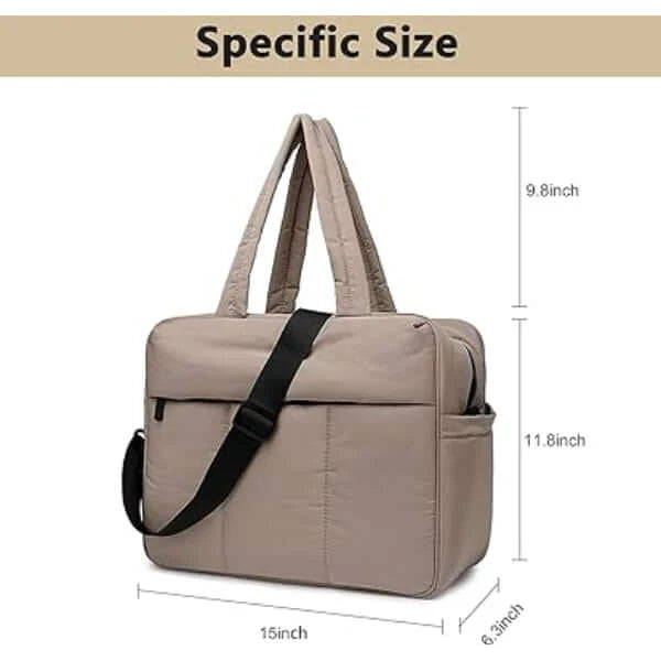 ForKumi lightweight gym duffle bag 40L in beige with shoulder strap and dimensions shown