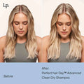 Before and after photos showing hair refreshed with MIT dry shampoo spray by Avis for cleaner, voluminous hair