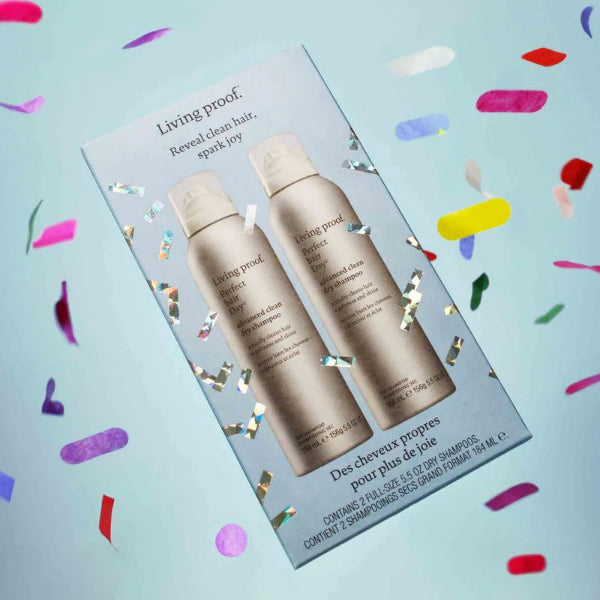 Avis MIT dry shampoo spray two-pack with confetti on light blue background for beauty and hair care