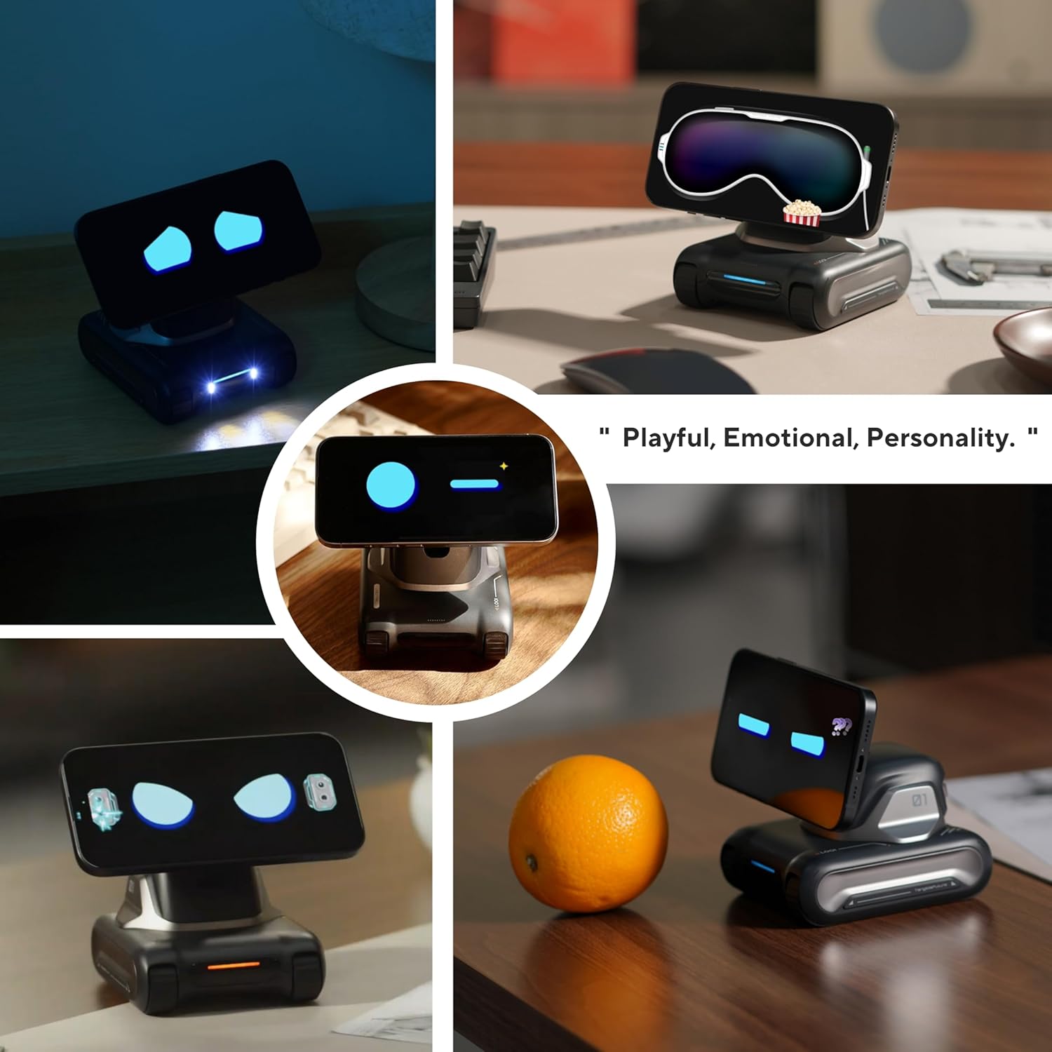 LOOI  Smart AI Companion Robot by ForKumi showing playful expressive LED eyes in tabletop lifestyle shots