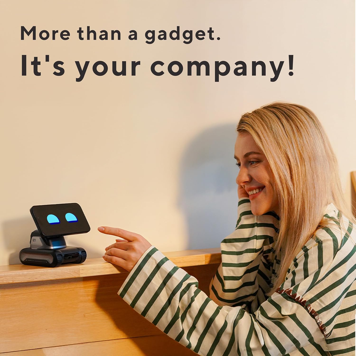 ForKumi LOOI  Smart AI Companion Robot on wood dresser with smiling woman pointing and interacting