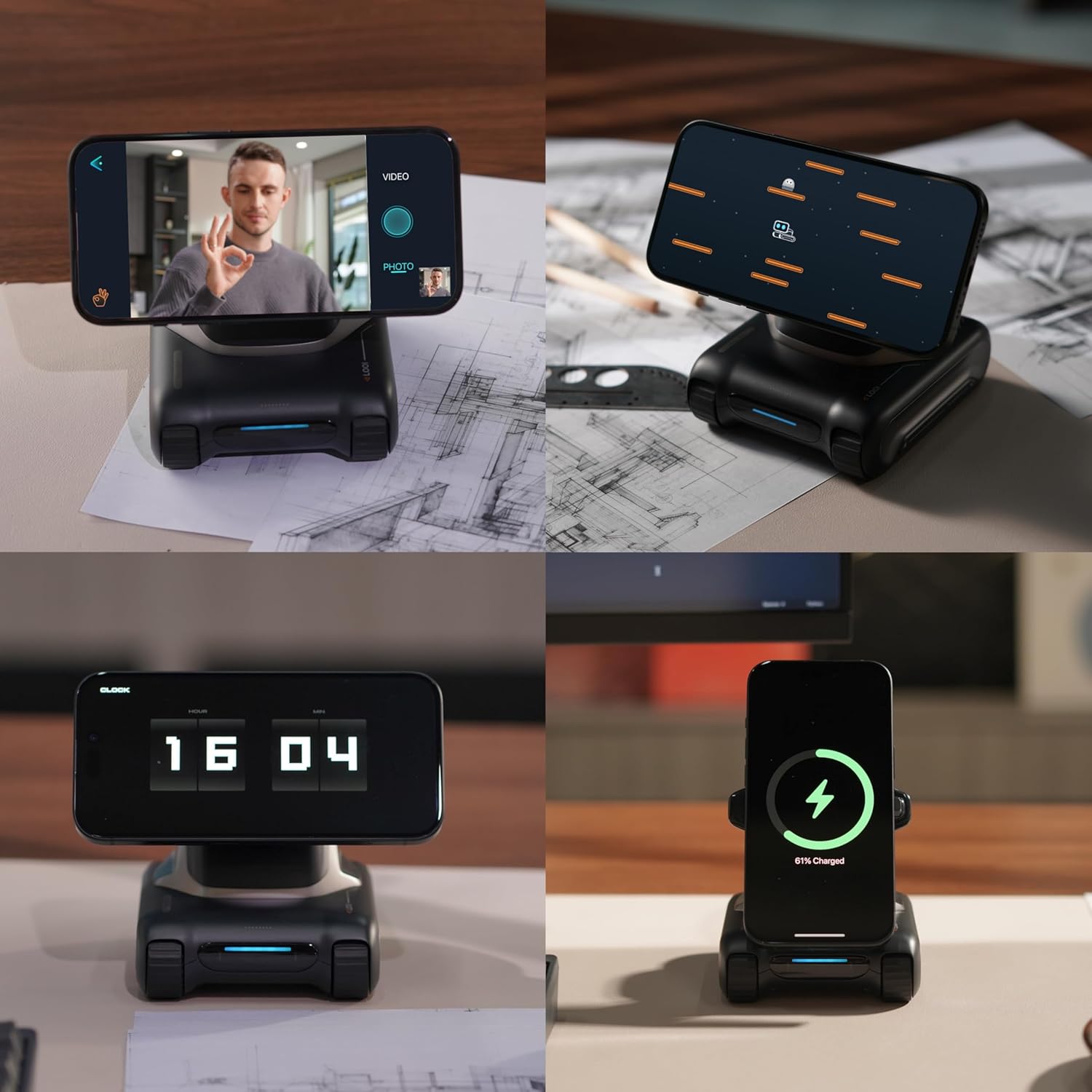 LOOI  Smart AI Companion Robot phone dock showing video call clock and wireless charging on desktop