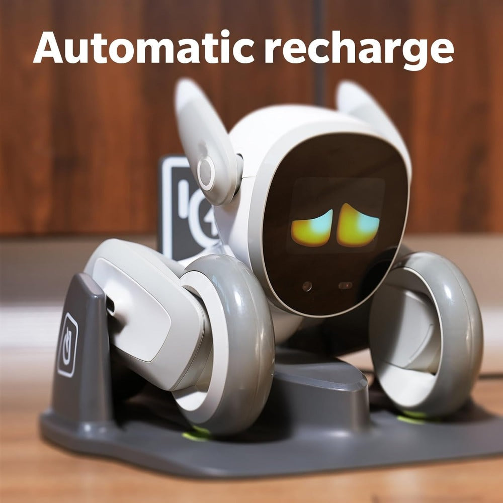 Loona AI robot pet sitting on automatic recharge dock with glowing eyes and white body