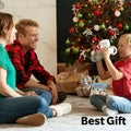 Child holding Loona AI robot pet toy near Christmas tree with parents watching happily