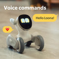 Loona AI robot pet with wheels and expressive digital eyes responding to voice commands