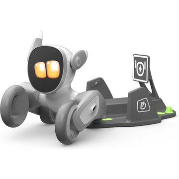 Loona AI robot pet in white and gray with glowing eyes and charging station for interactive play