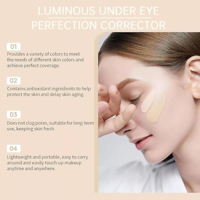 Avis under eye corrector for dark circles applied on woman's cheek with skin benefits description