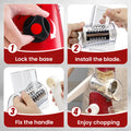 Step-by-step guide showing how to use ForKumi manual rotary grater including locking base, installing blade, fixing handle, and chopping