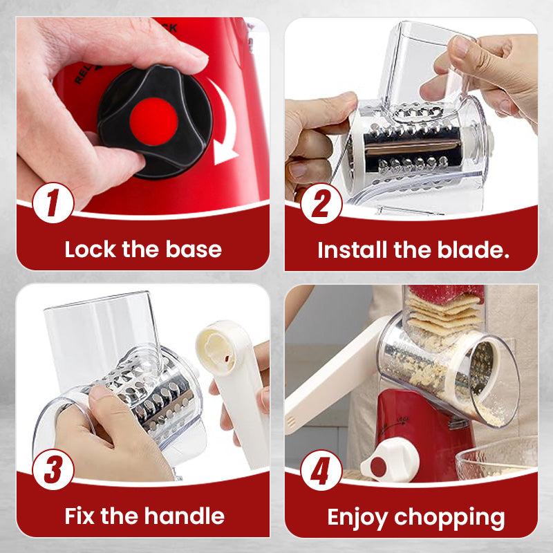 Step-by-step guide showing how to use ForKumi manual rotary grater including locking base, installing blade, fixing handle, and chopping