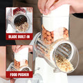 ForKumi manual rotary grater with built-in blade and food pusher grating nuts into a container