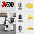 ForKumi manual rotary grater with three interchangeable blades for slicing, coarse shredding, and fine shredding