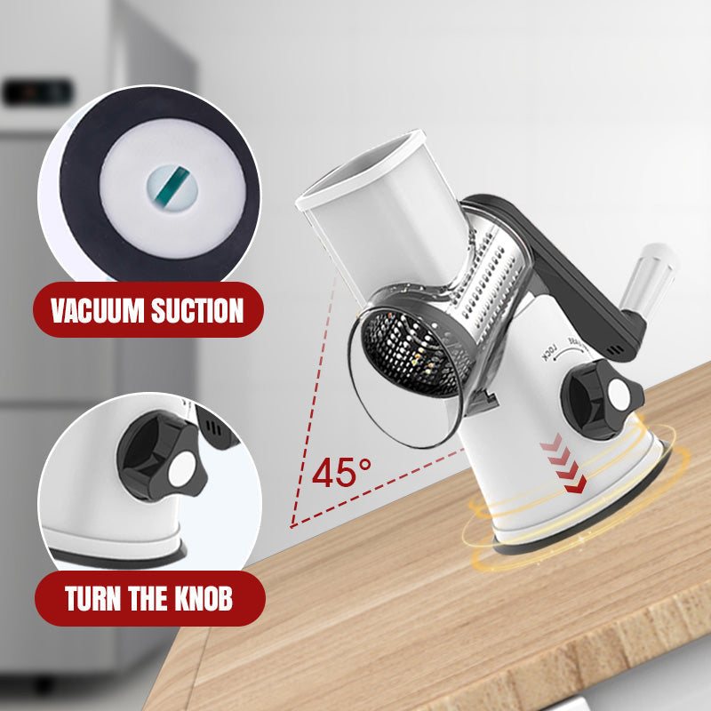 ForKumi manual rotary grater with vacuum suction and adjustable knob attached on wooden countertop