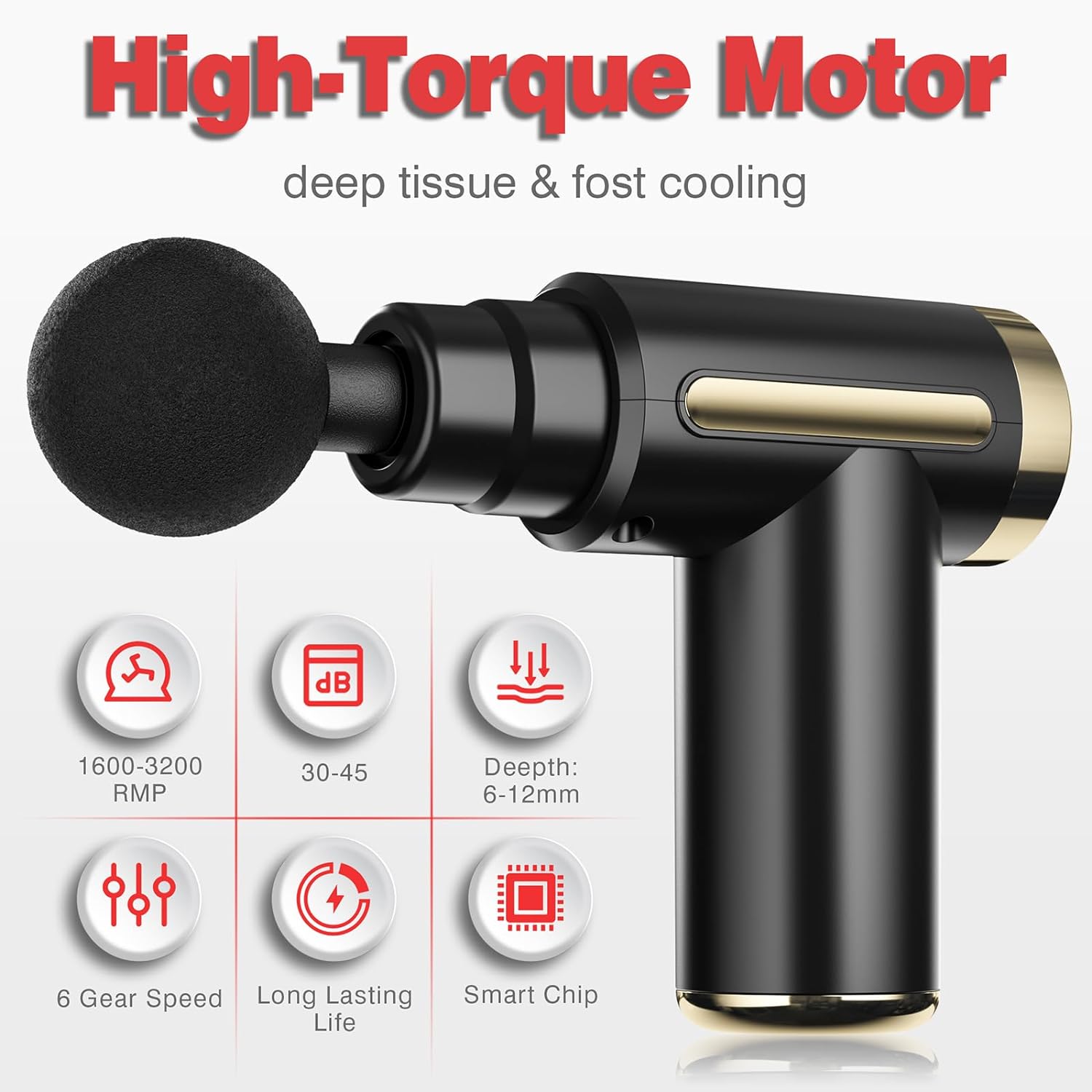 ForKumi mini percussion massage gun in black with gold accents and high-torque motor for deep tissue massage