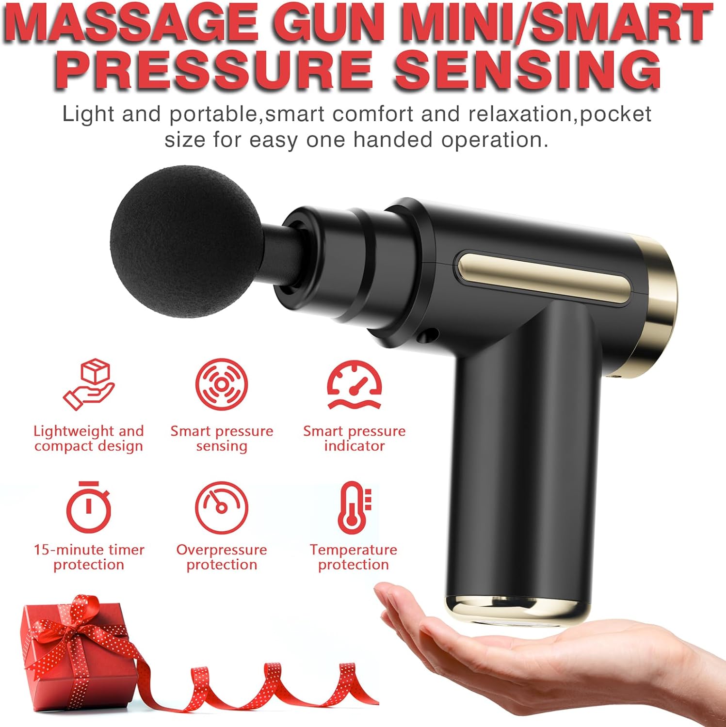 ForKumi mini percussion massage gun black with gold accents held in hand showing compact portable design