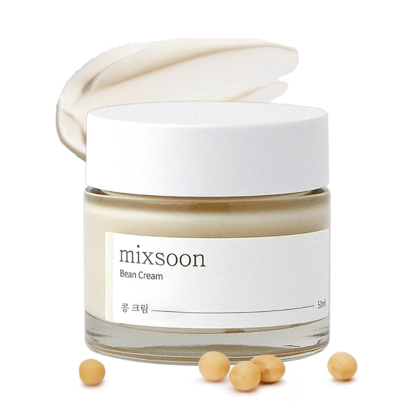 ForKumi mixsoon fermented soybean moisture cream jar with cream smear and soybeans around