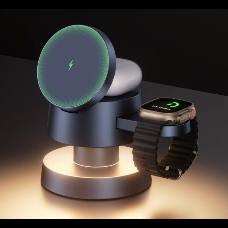 Avis wireless charging night light with multiple device charging docks and soft ambient glow