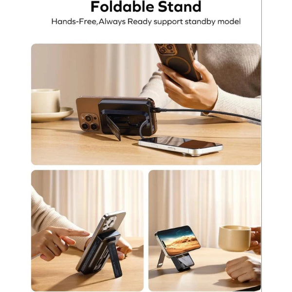 MagSafe power bank with foldable stand showing hands-free phone charging and support on wooden table