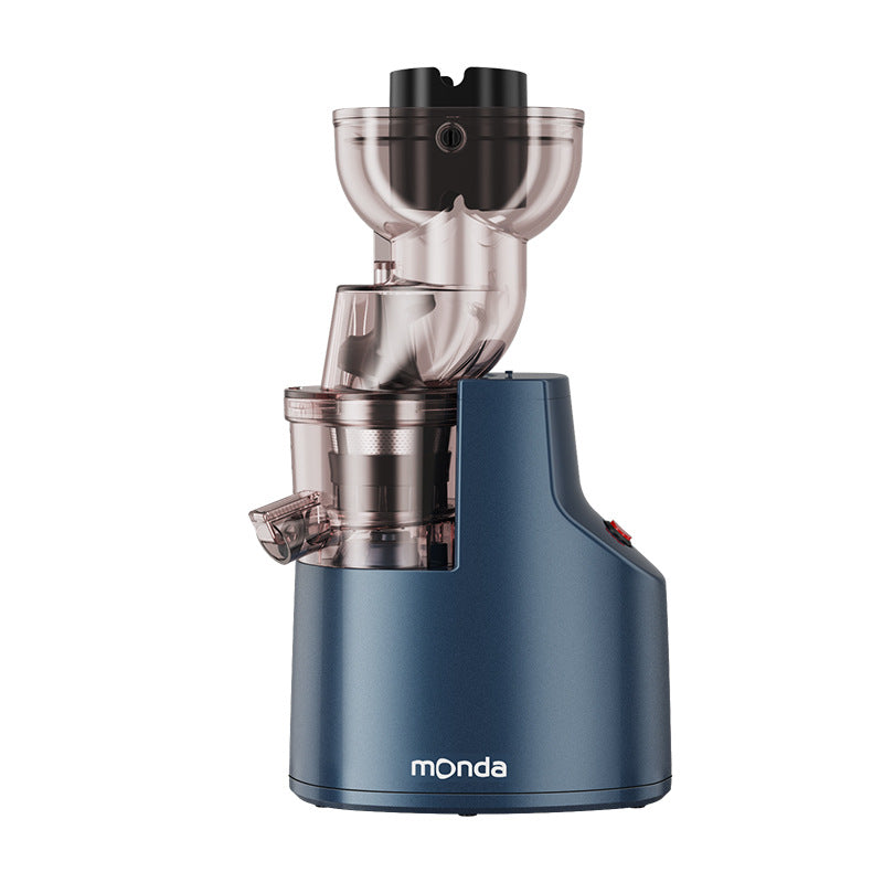 Avis Monda pulp-free juicer for home use in sleek blue with transparent feeding chute and spout