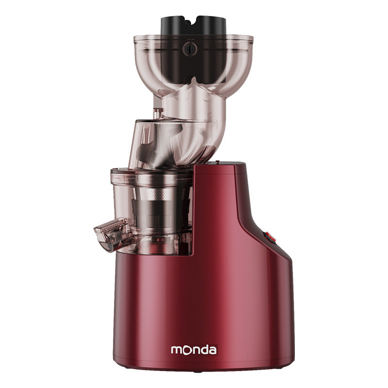 Avis Monda red pulp-free juicer for home use with transparent top and compact design