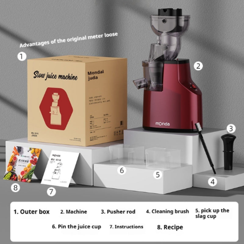 Avis pulp-free juicer for home use in red with outer box, pusher rod, cleaning brush, juice cup, and instruction manual