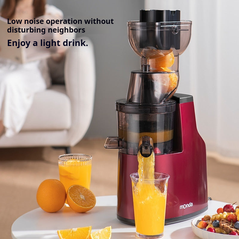 Avis pulp-free juicer for home use extracting fresh orange juice in a modern kitchen setting