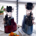 Avis pulp-free juicer for home use in red and blue with fresh fruits on table
