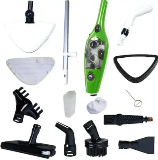 ForKumi multi purpose steam cleaner for home with green main unit and multiple black and white cleaning attachments