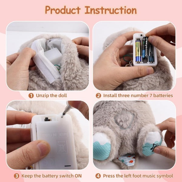 Instructions showing battery installation and activation for Avis musical otter soother for babies plush toy