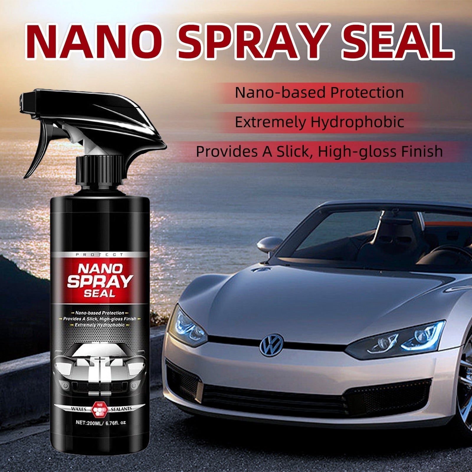 ForKumi nano ceramic car spray black bottle next to a silver sports car with nano spray seal text