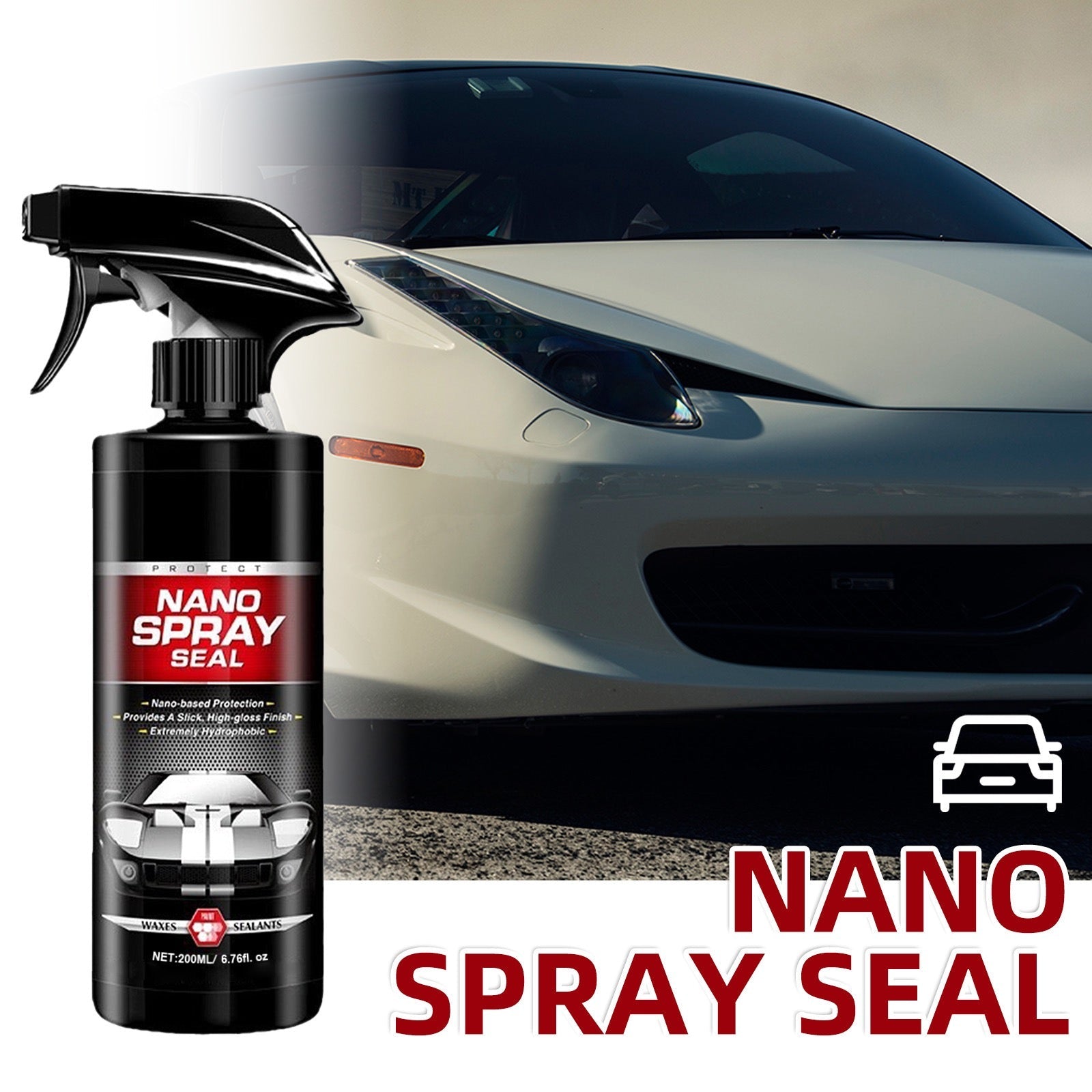 ForKumi nano ceramic car spray bottle next to white luxury sports car front view