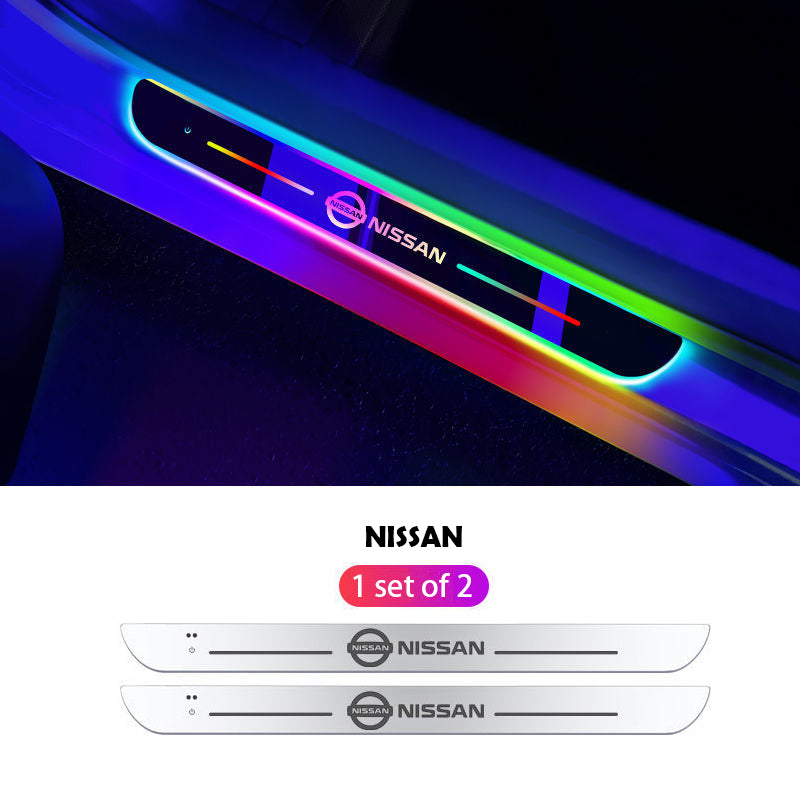 ForKumi magnetic RGB car LED strip installed on Nissan door sill with colorful glowing light