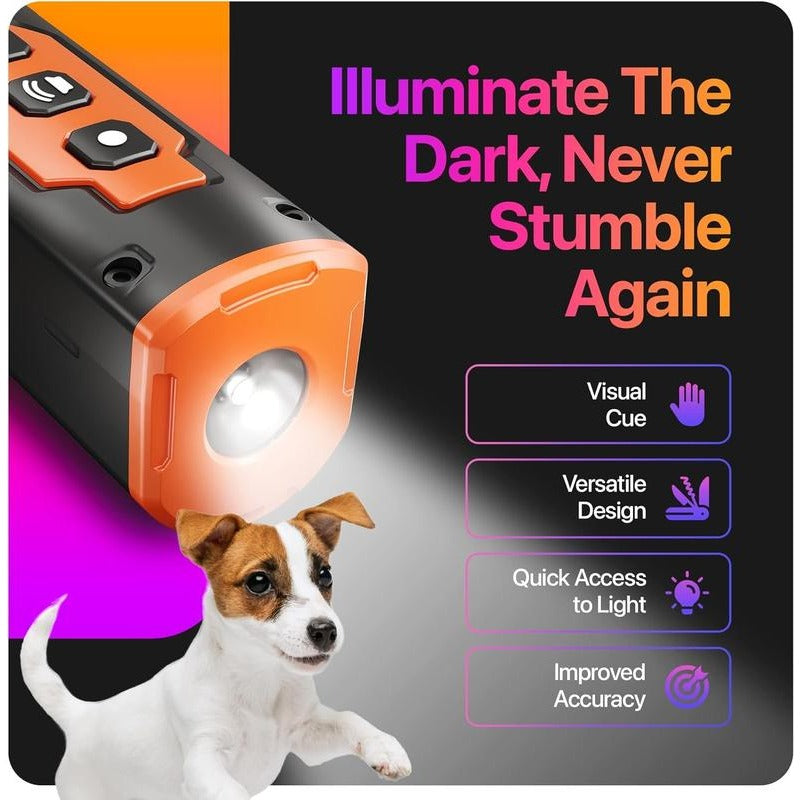 Avis ultrasonic dog trainer with built-in light illuminating dark area and a small dog nearby
